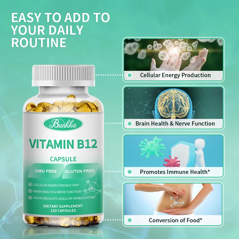 BUNKKA Cápsula de vitamina B12 para la salud del cerebro y la función de los nervios, homocisteína, conversión de energía alimentaria celular, salud de las células sanguíneos, 500mcg