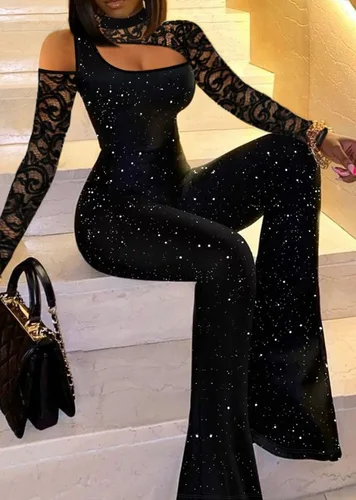 Imagen 2 del producto Mono ajustado a la moda para mujer, mono informal Sexy ajustado de manga larga con parche de encaje brillante, mono con pierna acampanada