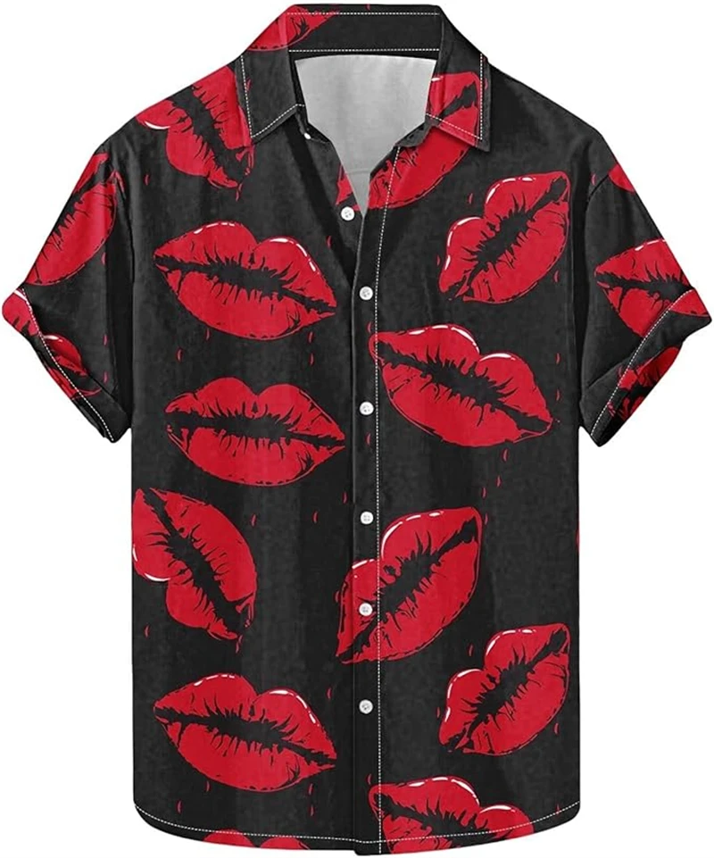 

2026 Couple Valentines Day Love Heart Print Short Sleeve Shirt Tops Men's Casual Button-Down Shirts For Men Women Casual Shirts