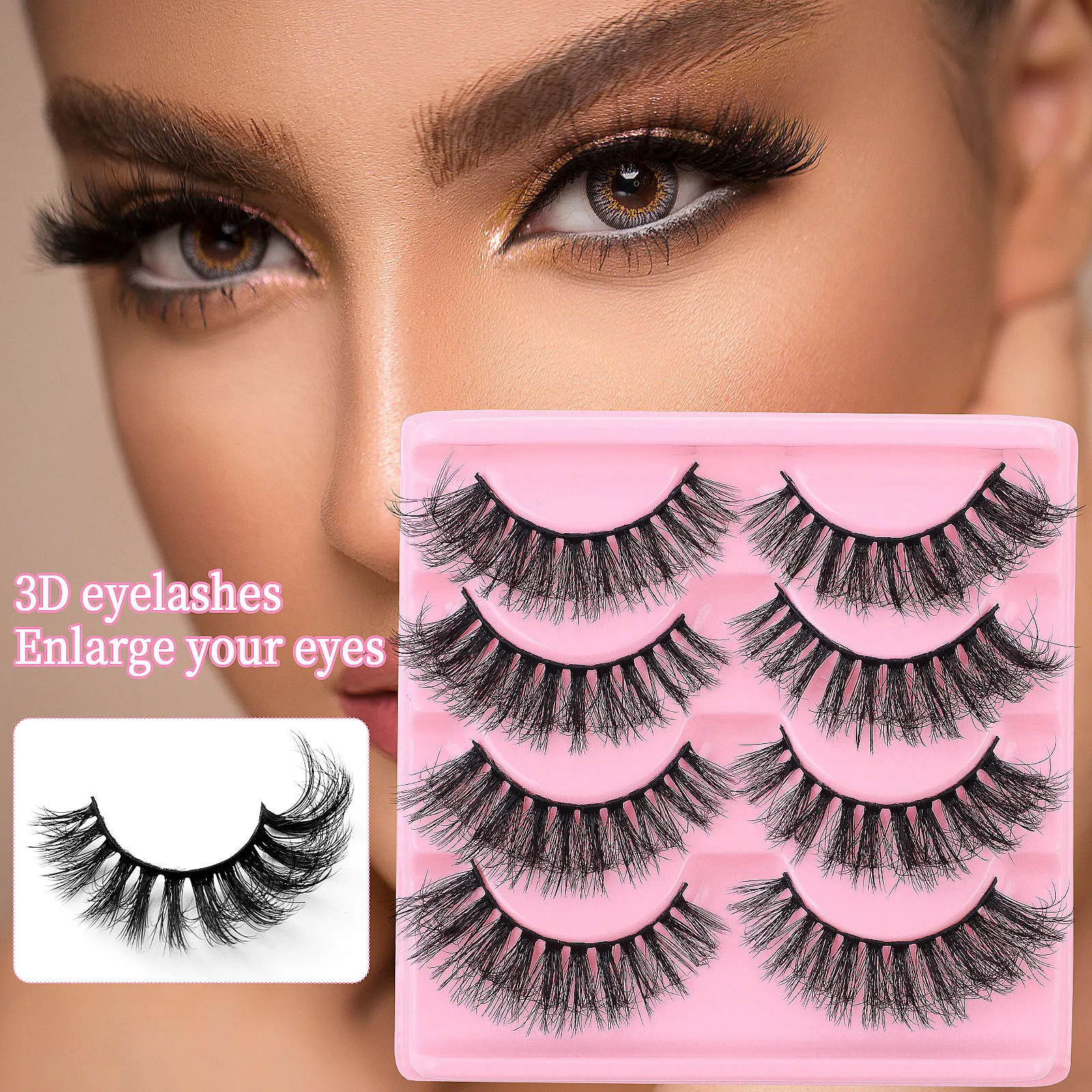 

4 Pairs Classic Fox Eye False Ashes Thick 3D Natural Russian Makeup Strip Lashes Fake Reusable Cross No Glue Eyelash Soft Daily