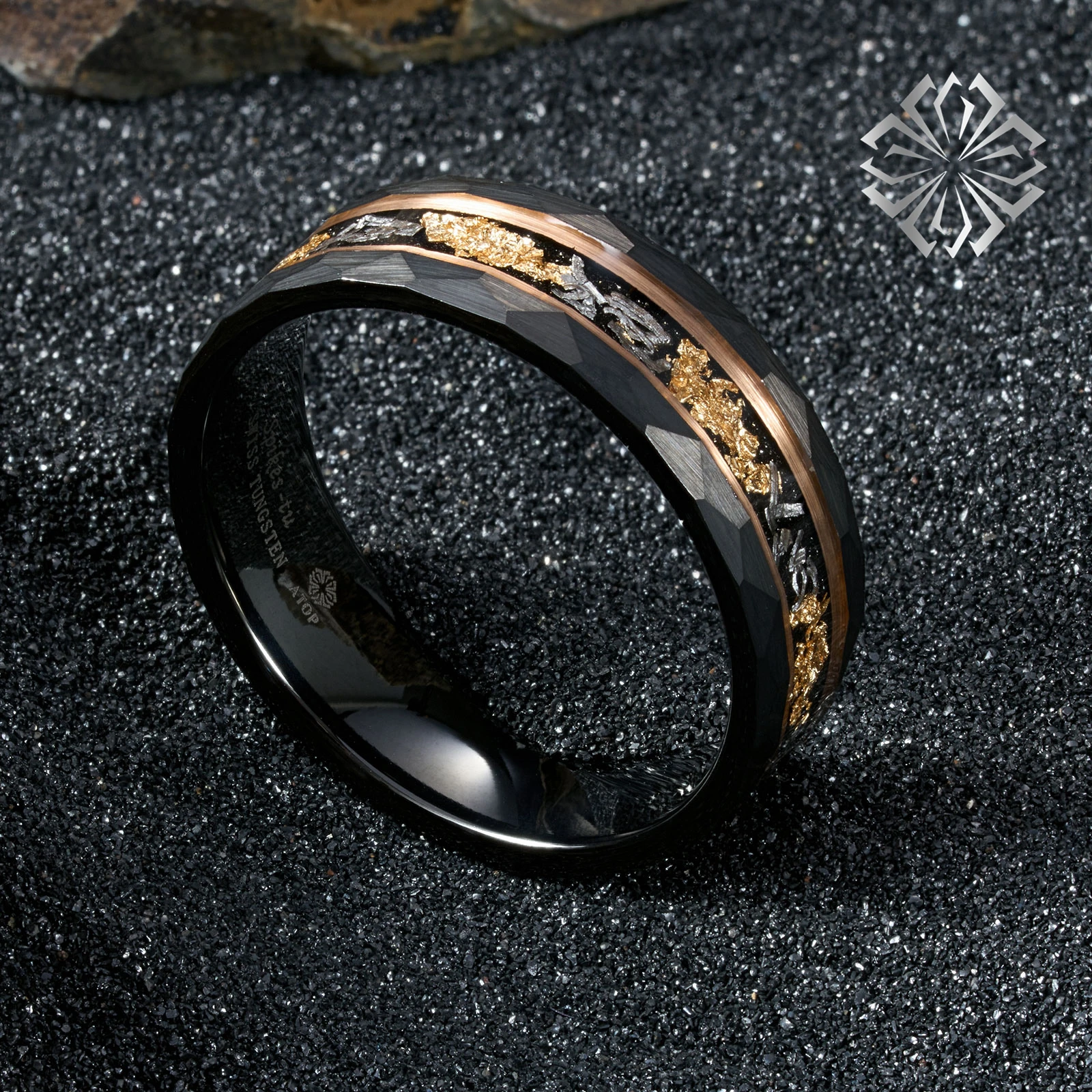 8mm ATOP Plated Stripe 24K Gold Foil & Meteorite Tungsten Mens Wedding Band