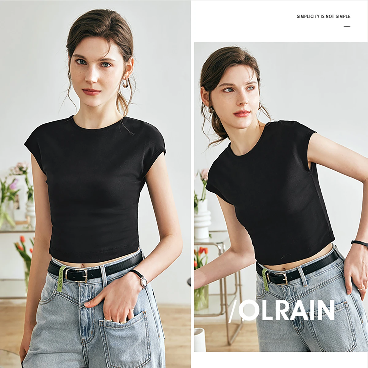 ‌OLrain Women's Black T-Shirt Slim-Fit Cropped Summer Short Sleeve Tees Commute Casual Elegant Tops for Ladies O24XT81538
