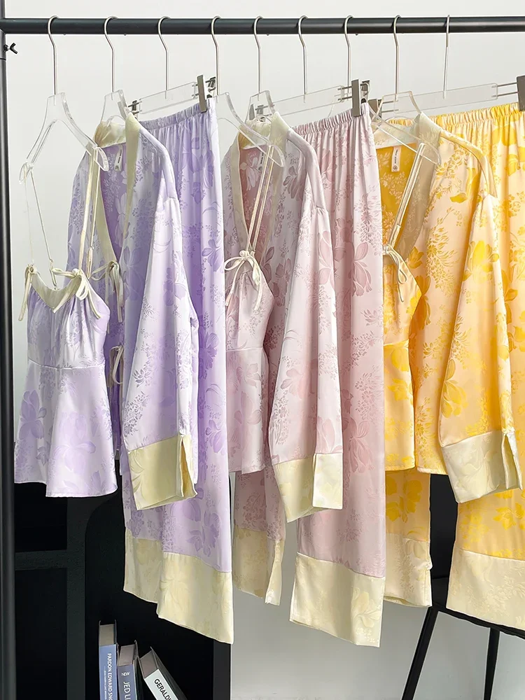 New Silk Light Luxury Pajama 3-Piece Set Home Clothing