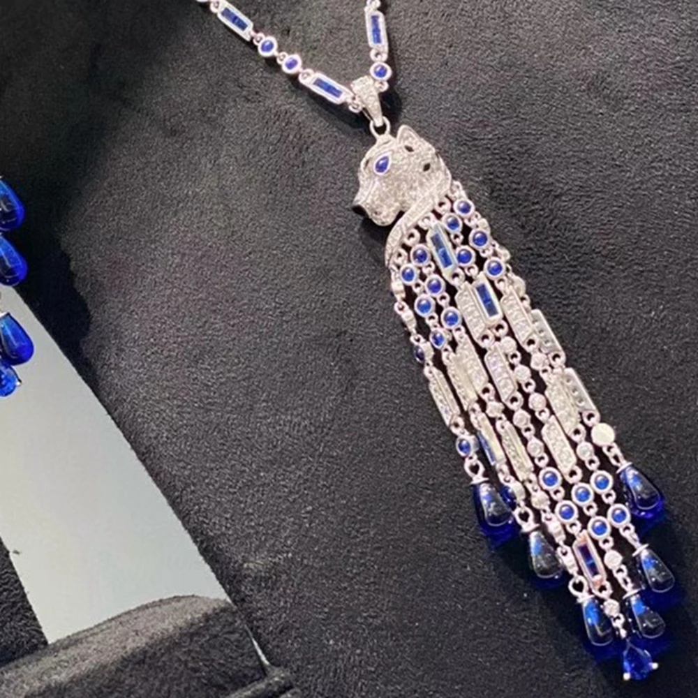 

Luxury 925 Silver Sapphire Blue Long Tassel Necklace for Women Black Spot Panther Pendants Argent 925 Necklaces Leopard Jewelry