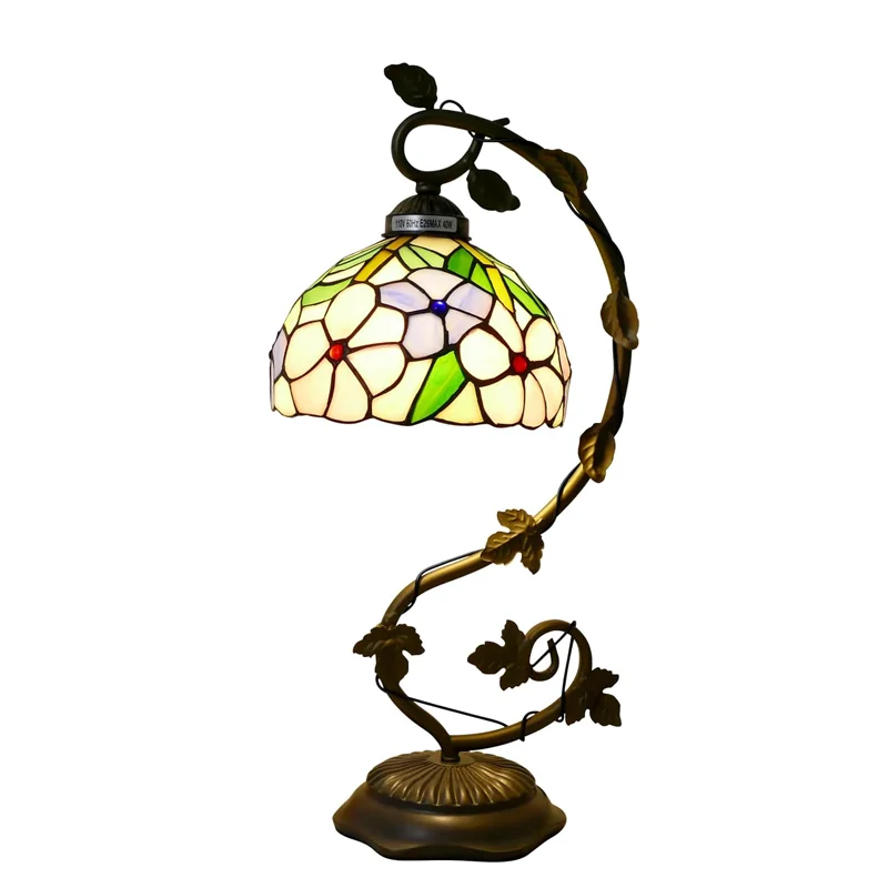 

￥% Lamps Bedside Table Lamp Morning Glory Flowers Curved Style Stained Glass Table Lamp with Metal Leaf Decor