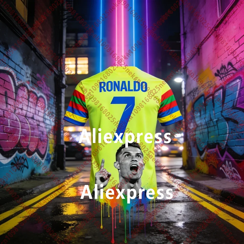 

Football Jersey Player Graphic with Color Drip Rainbow Cuff Stripes Street Art Style Premium Collector's Soccer Apparel for Fans