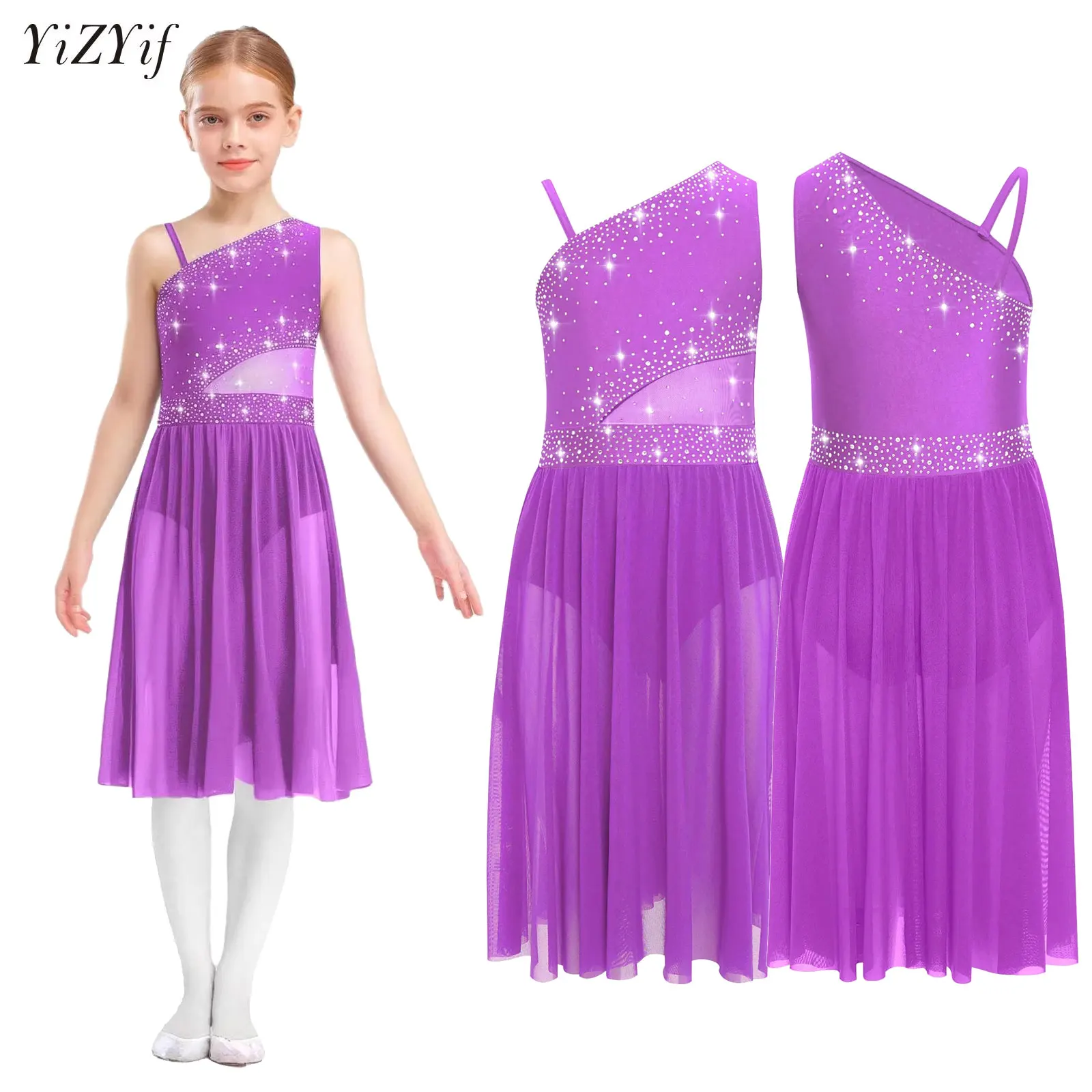 

Girls Lyrical Dance Dress Shiny Rhinestones Sleeveless Mesh Leotard Ballet Figure Skating Gymnastics Stage Performance Costume