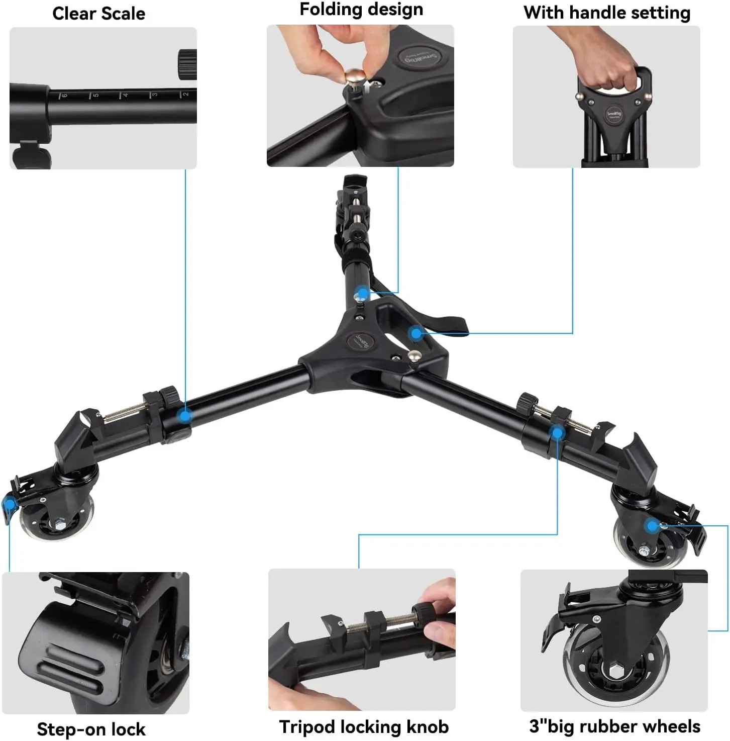 SmallRig Universal Photography Foldable Tripod Dolly with Adjustable Legs 15kg Capacity Tripod Wheels for Camera Camcorder