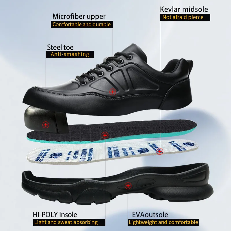 Fashion 2025 Work Safety Shoes for Men Black Leather Soft Anti-smashing Anti-piercing Labor Protection Boots Male Footwear