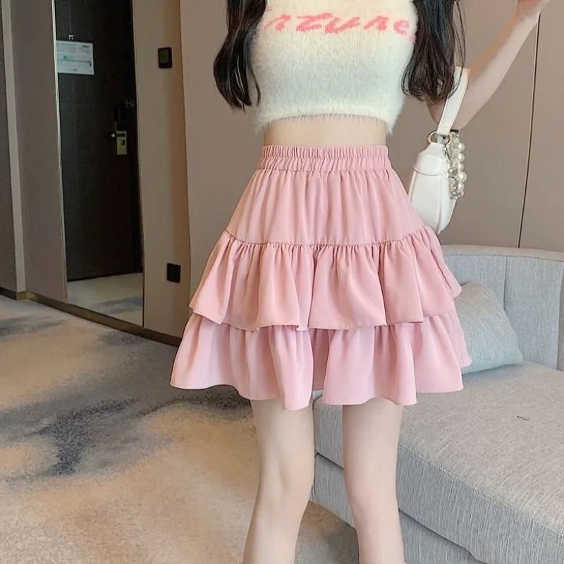 Ruffled Cake Skirts for Women High-waisted A-line Solid All-match Sweet Lovely Girls Korean Style Gentle Spring Kawaii Casual