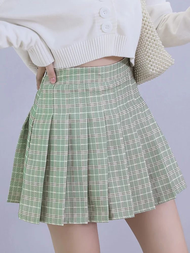 Sommer Damen Rock Shorts Plaid Faltenröcke Tanz Hohe Taille A-Linie Student Mini Mädchen Grün