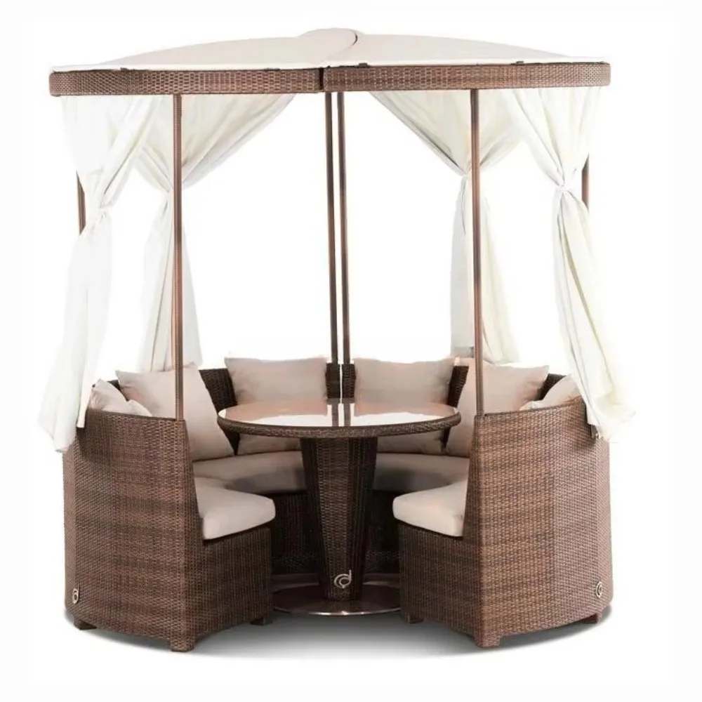 

Latest Design Rattan Round Beach Chair Separable Folding Canopy Curtains Matching Coffee Table Set