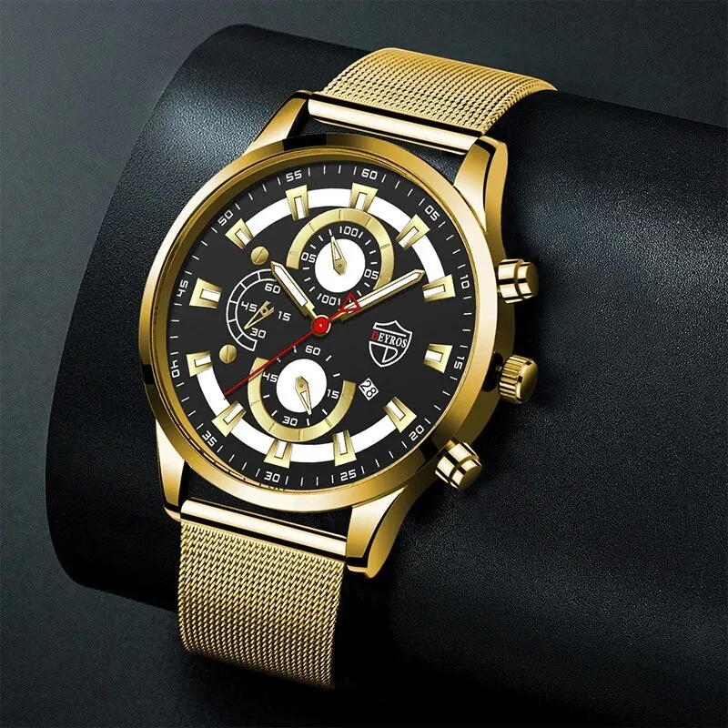 DEYROS Fashion Business Stainless Steel Mesh Belt Watches Calendar Luxury Gold Mens Quartz Wristwatch Men Casual Sports Watch