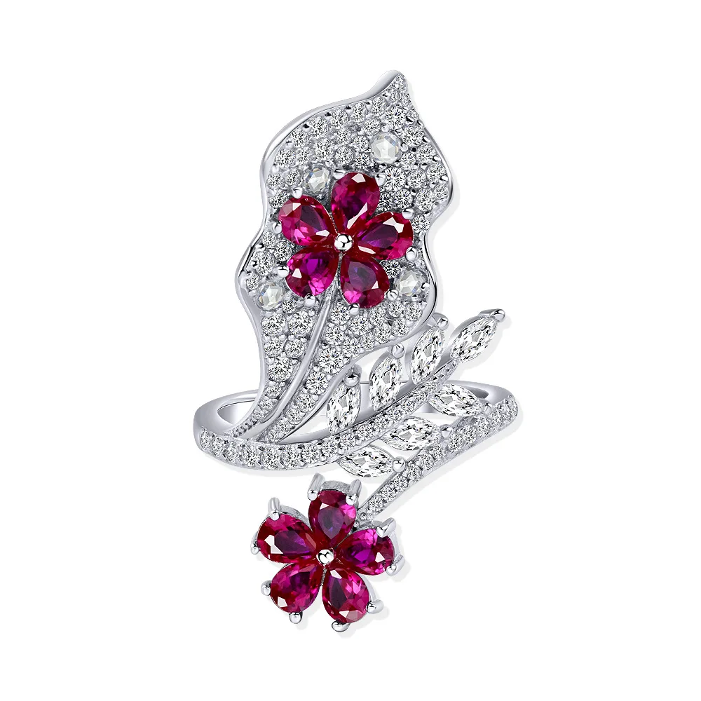 New S925 silver 0.2ct water droplet 3 * 4 niche design flower ring cultivation red treasure ring wedding jewelry