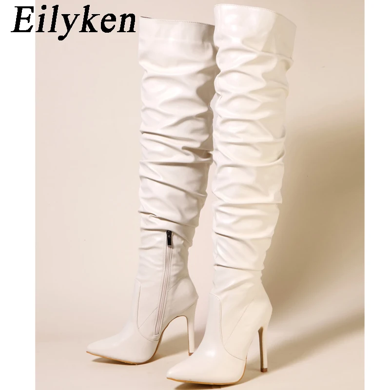 Eilyken Sexy Pleated Motorcycle Over The Knee Boots Women Fashion Pointed Toe Zipper Thigh High Long Stiletto Heel Ladies Shoes