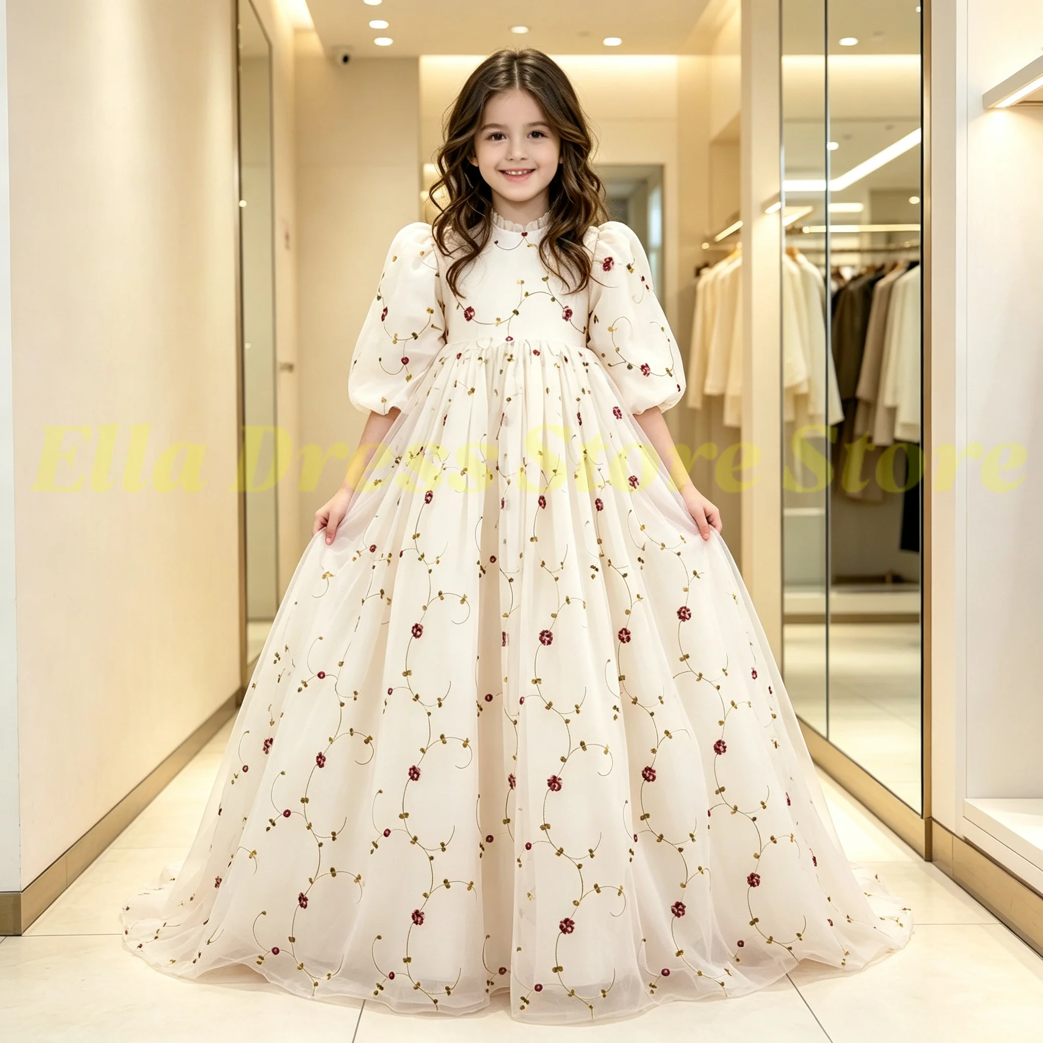 Maßgeschneidertes Mädchenkleid in Rosé-Rosa Elegantes Blumenmädchenkleid mit Puffärmeln und Schleife für Hochzeitszeremonien Abendkleid Formelle Empfänge – Detail 2
