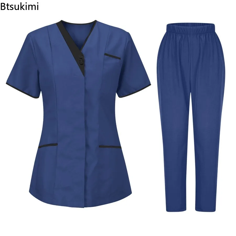 2026 New Nursing Sets Summer Women T-shirt V Neck Buttons Women Nurse Working Uniform T-shirt Medical Hospital Doctor Uniform