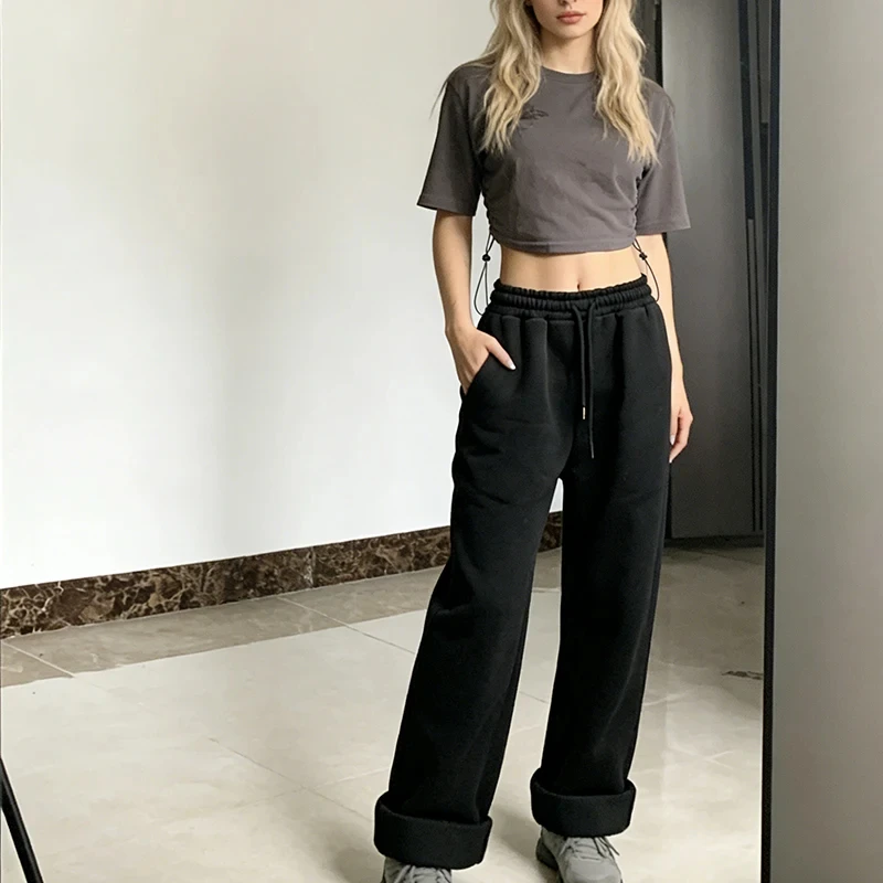 

American Autumn Y2K Grid lining Harajuku Street Fashion Splicing Solid drawstring Lace Up Wide Leg Pants Men Women's Clothing