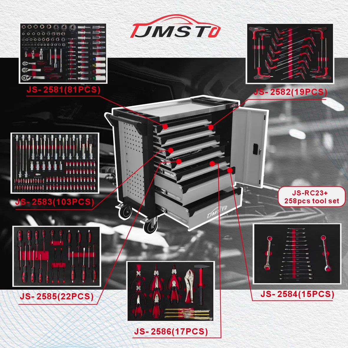 2026 New Style Grey Heavy Duty Anti-corrosion Rolling Trolley CE Certified Stainless Steel Cabinet 258pcs Tools OEM Available