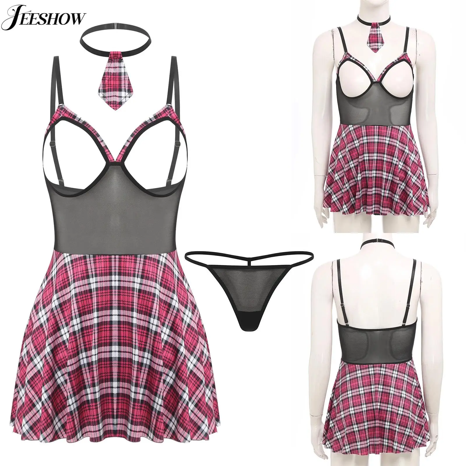 

Womens Sexy JK Uniform Lingerie Costume 3 Piece Schoolgirls Outfits Hollow Out Open Cup Plaid Dress with Necktie and Thongs