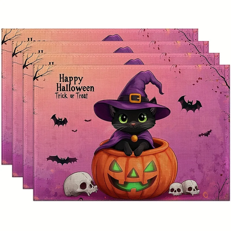 4pcs Halloween Placemat Set, Trick‑or‑Treat Pumpkin Print, Washable for Restaurant Party Dining Table Decor
