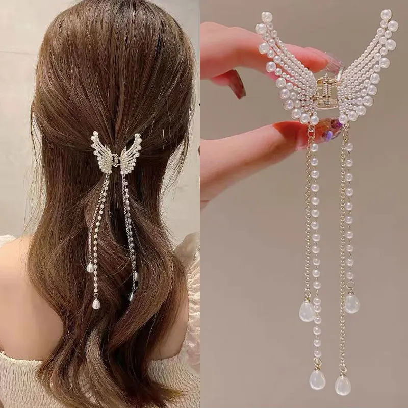 

Захват с кисточкой-бабочкой и бриллиантовым жемчугом Крылья ангела Захват для волос на затылке Жемчужный женский полузавязочный артефакт для волос