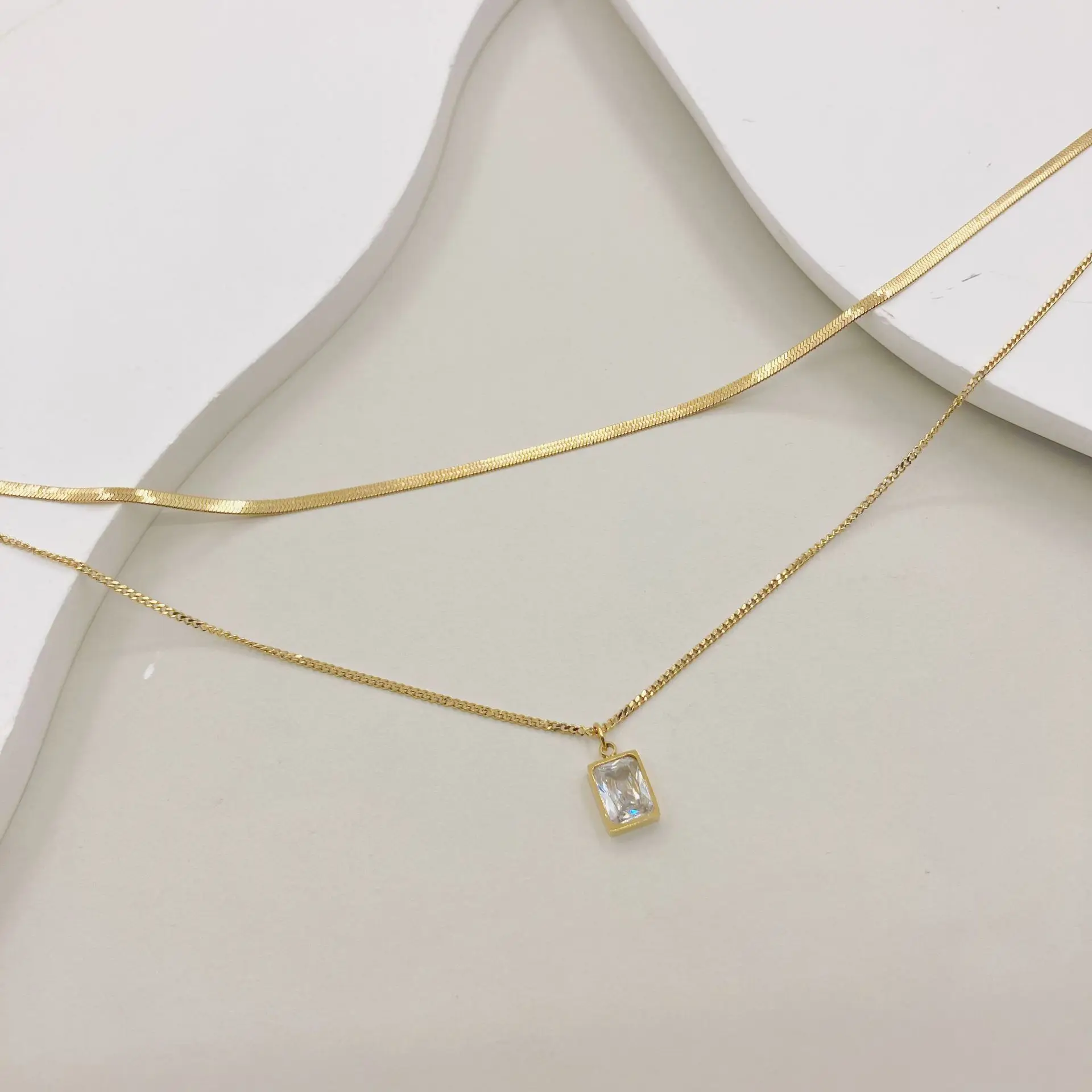 Women fashion necklace 1pc double layered golden herringbone thin chain necklace with square zircon pendant luxurious simple an