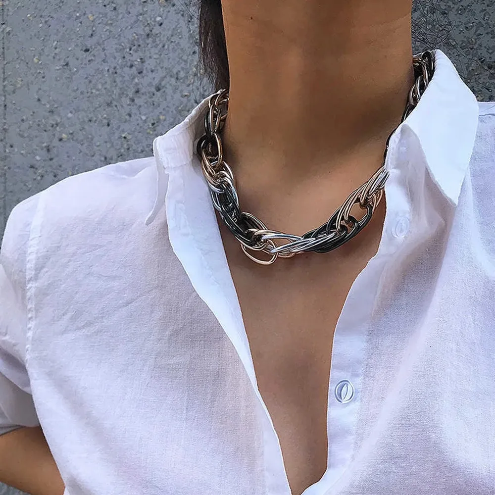 

IngeSight.Z Punk Hip Hop Curb Cuban Twisted Choker Necklace Vintage Mix Color Chunky Thick Collar Necklace for Women Men Jewelry