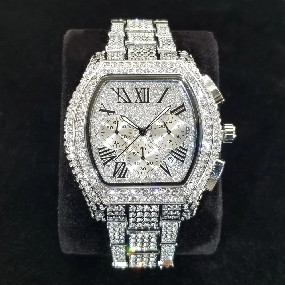 أعلى العلامة التجارية الفاخرة الماس ووتش الرجال عالية الجودة الفولاذ المقاوم للصدأ كوارتز ساعة اليد الهيب هوب الجليد خارج للماء ساعات كرونوغراف #1