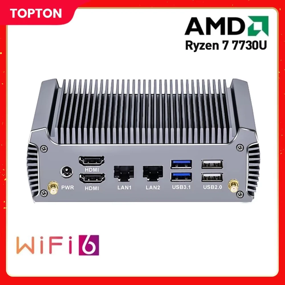 

Mini PC AMD Ryzen 7 7730U 5800U Fanless Industrial Computer Windows11 Dual LAN NVMe DDR4 Micro PC 2*HDMI2.0 4K@60Hz Dual Display