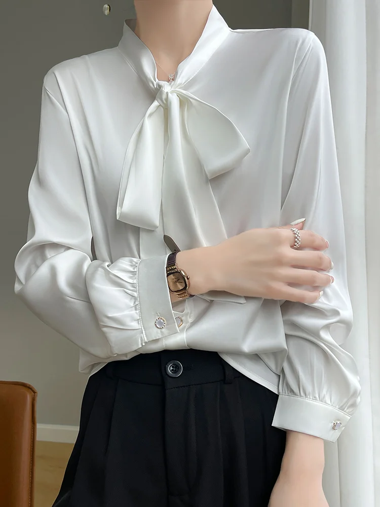 

Spring and Autumn Thin New Acetate Satin Bowtie Ribbon Shirt Commuter Light Luxury High Grade Long Sleeve Temperament Women's To