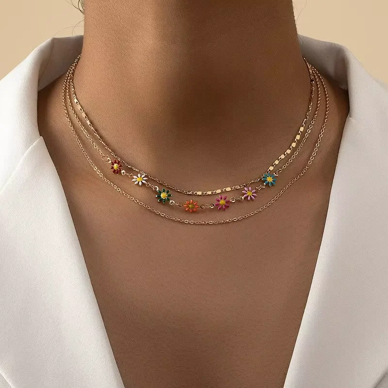 قلادة سلسلة ذهبية متعددة الطبقات مع المعلقات الملونة ديزي البوهيمي نمط المرأة مجوهرات الصيف هدية حفلة لها #4