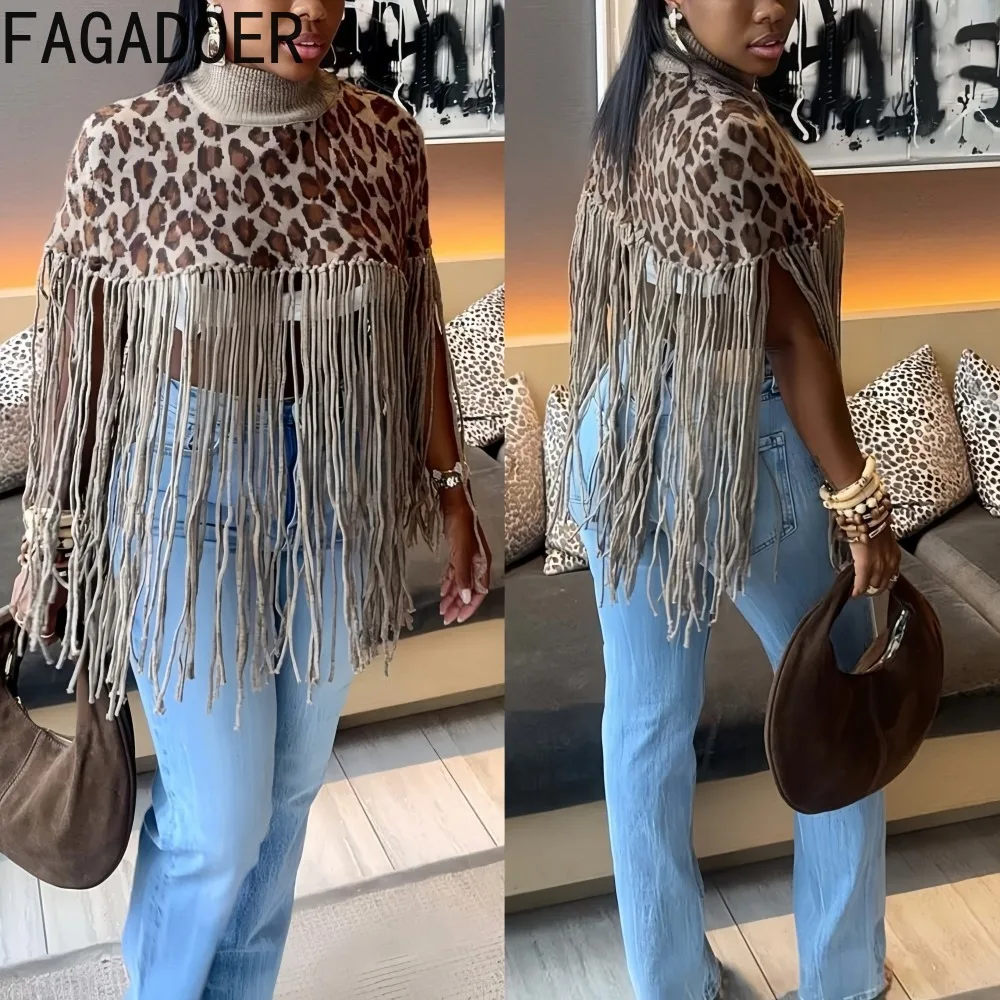 

FAGADOER Y2k сексуальный вязаный пуловер с леопардовым принтом, женский пуловер с высоким воротом и кисточками, лоскутная свободная футболка, женская уличная одежда, новинка 2023 г.