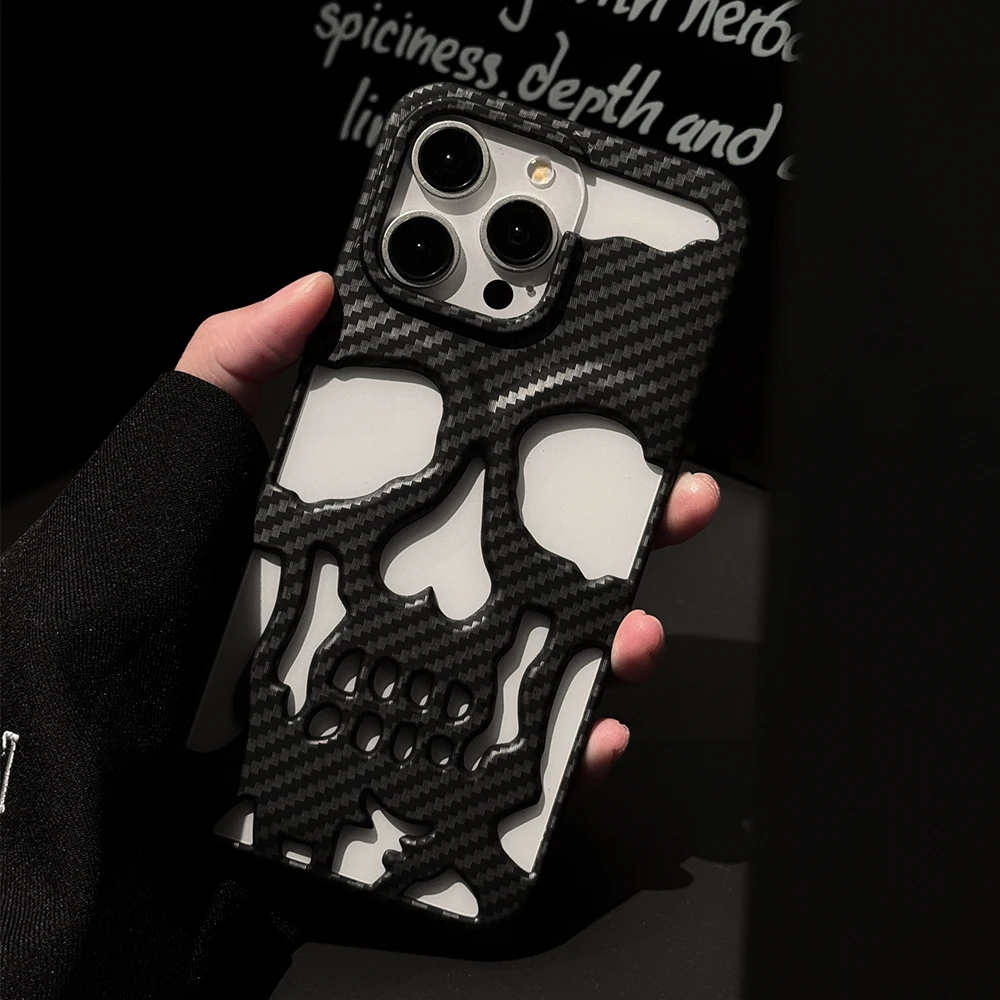 Luxury carbon fibre hollow out skull phone case for iPhone 15 14 13 12 11 Pro Max full scratch-proof heat dissipation hard cover