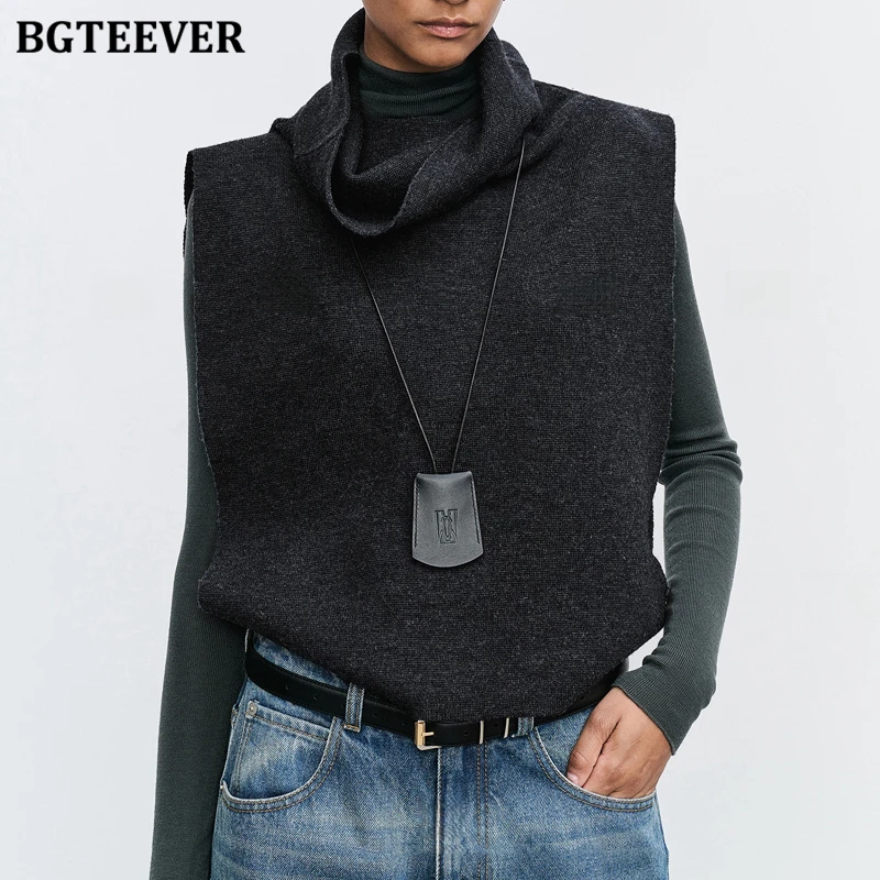 BGTEEVER Autumn Winter Stylish Women Turtleneck Vests Elegant Loose Sleeveless  Knitted Sweaters Jumpers Female