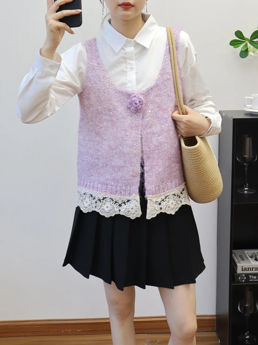 

Women Spliced Lace Sequin Knitted Vest Cardigan New Autumn Winter Layered Sleeveless Sweater Vest