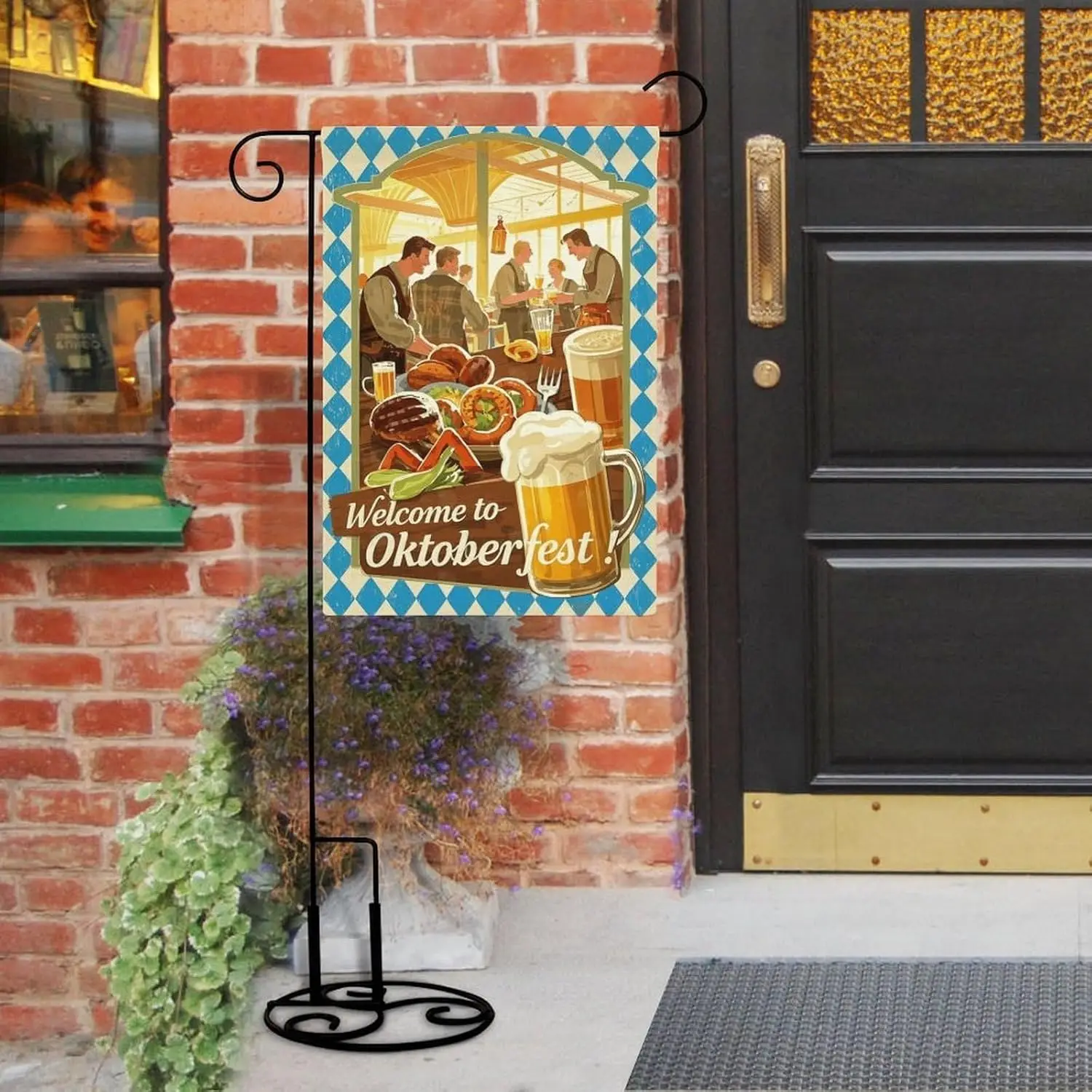 Garden Flag “Oktoberfest Celebration Welcome Guests with Delightful Bratwursts” Double Sided 12x18 In Burlap Seasonal Yard D KZA
