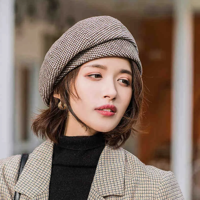 Simple Women Wool Beret for Elegant Lady Winter Female Cotton Hats Plaid Vintage Octagonal Casual Autumn Cap