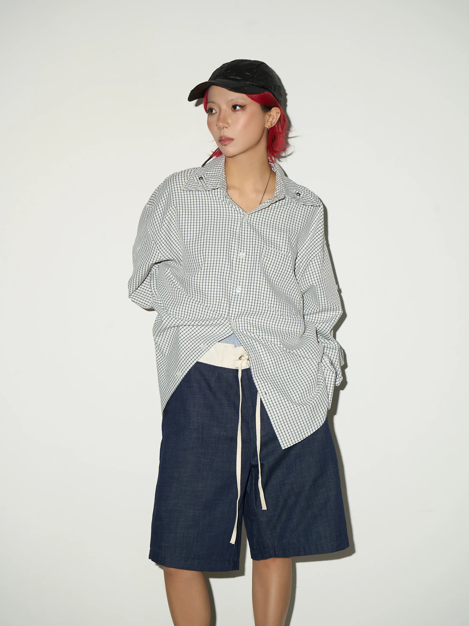 

MICHINNYON Casual Sle Long Sve irt Double Collar Design 3D Plaid Pattern Versatile Layering Thin Outerwear for Women