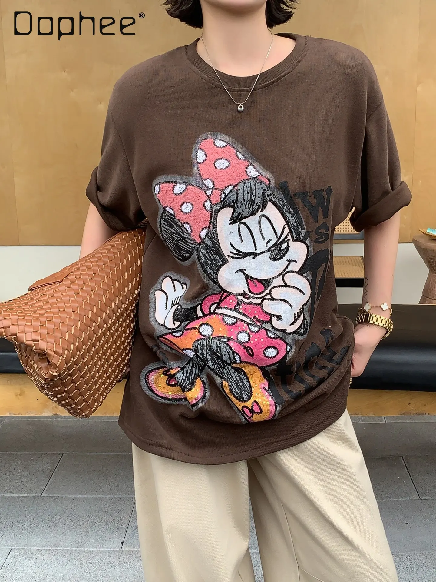 

Trendy Loose Fashion Heavy Cartoon Print Mid-Length Brushed Short Sleeve T-Shirt Kawaii Clothes Women Tops