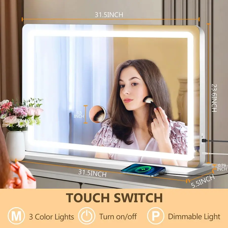 مرآة زينة مع أضواء، مرآة مكياج LED، مرآة مكياج مضاءة مع 3 أضواء قابلة للتعتيم، تحكم ذكي بشاشة تعمل باللمس، Al #2