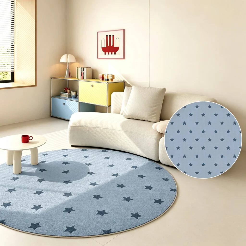 VIKAMA Cream Navy X Shape Lattice Border Round Carpet Graphic Sleeping Area Styling Fashionable Silken Warm Tough Heavy Duty