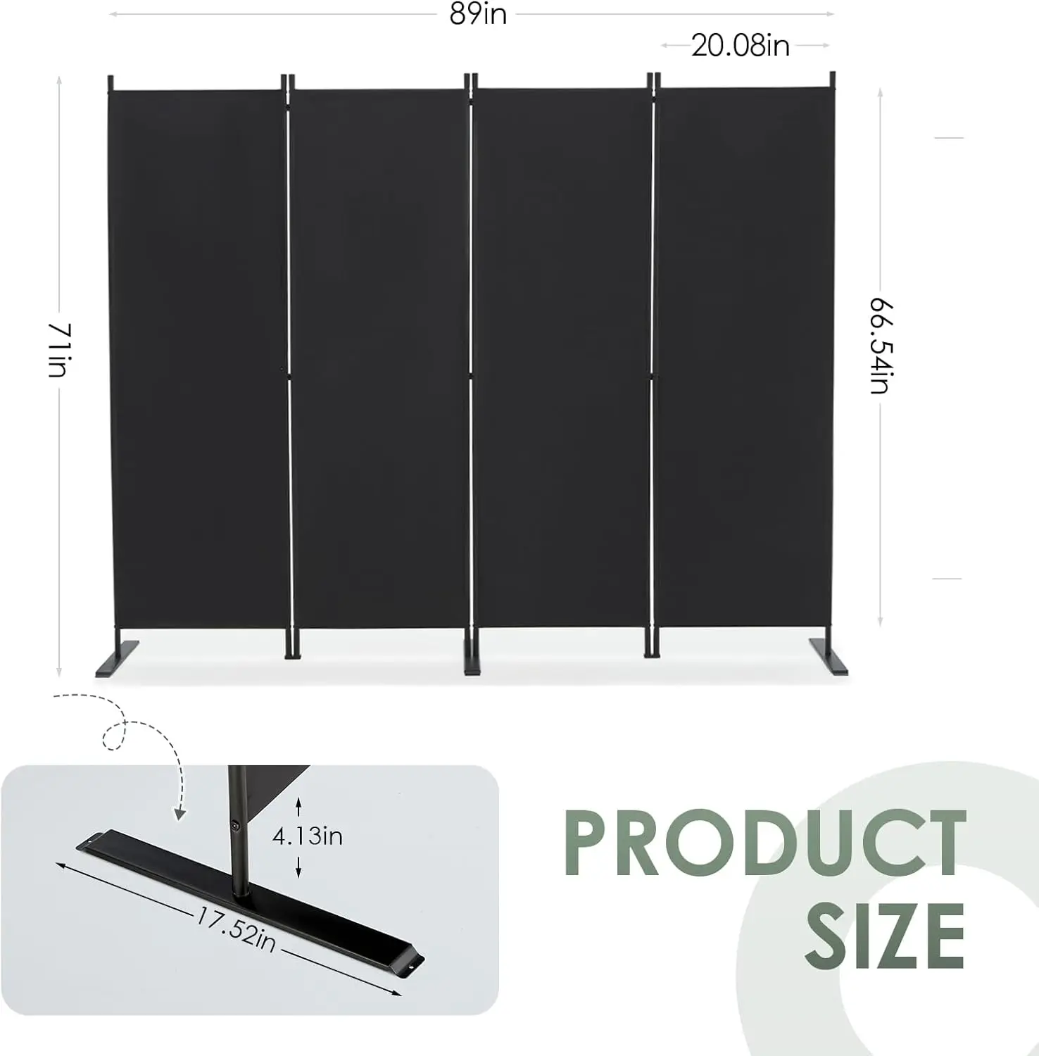 6 FT Folding Privacy Screen with Wide Feet, Freestanding Partition for Room Separation, Portable Panel, Black