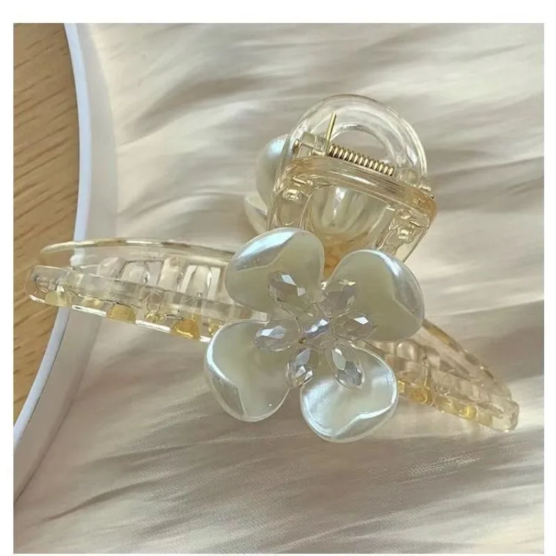 مشبك إمساك على شكل زهرة اللؤلؤ، مشبك شعر كبير على شكل قرش، دبوس شعر للرأس الخلفي