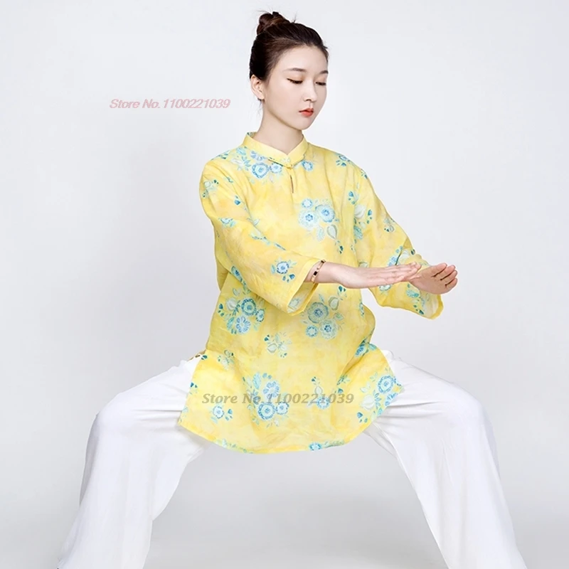 2024 chinese tai chi uniform traditional flower print cotton linen martial arts exercise clothing wingchun kungfu outdoor sport