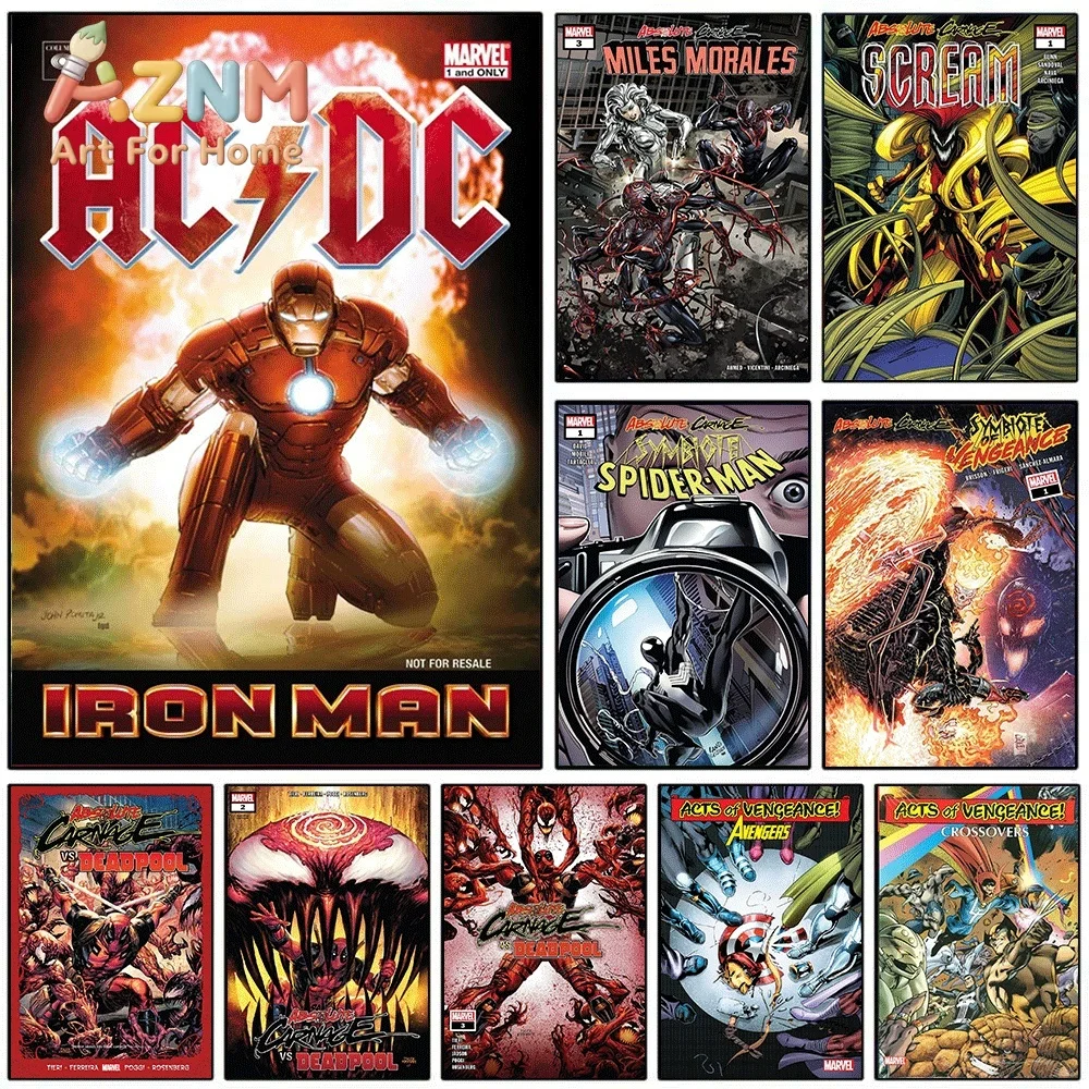 AZNM Iron Man AC/DC Vintage Comic Collage Canvas Wall Art Unframed Print, Superhero Poster for Bedroom Living Room Home Wall D