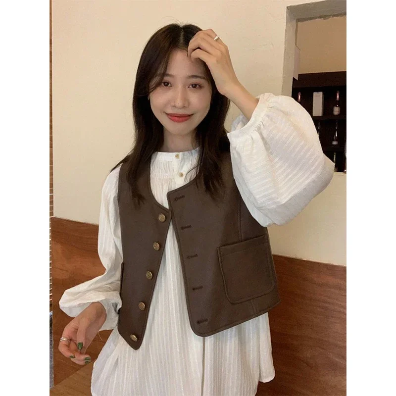 Vintage Pu Leather Vests Women Streetwear Crop Waistcoats Harajuku Sleeveless Pocket Tanks Casual Outwear Korean Jackets Tops