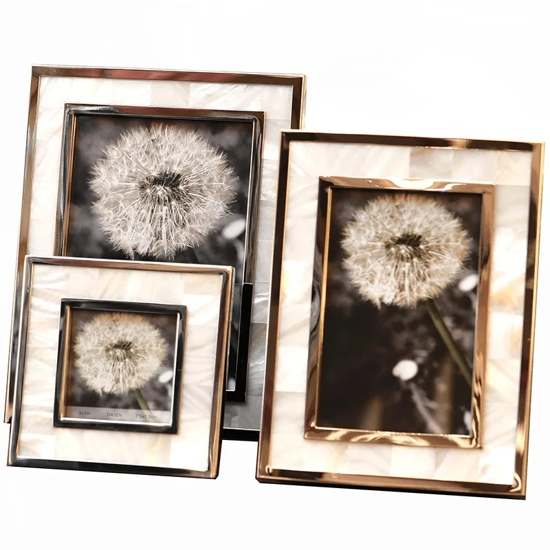 Golden Alloy Photo Frame Natural Shell Material Framed Family Portrait Nightstand Desk Decoration 4/6/7 Inch Picture Frames