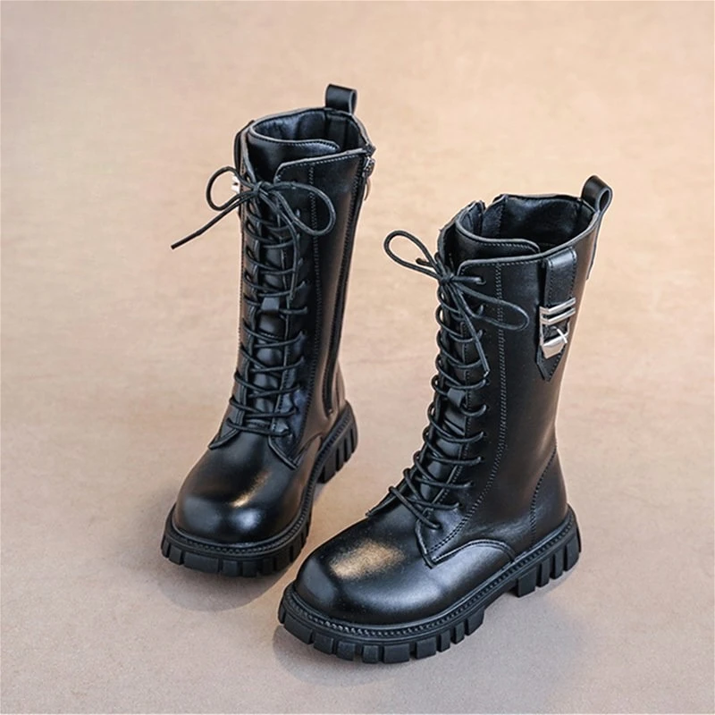 Autumn Girls Fashion Causal Boots Winter Classic Round Toe Warm Kids PU Leather Chunky Heel Boots Luxury Childrens Midsole Shoes
