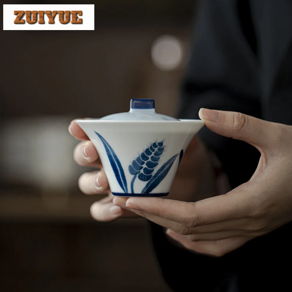 115ml Hand Painted Wheat Ear Gaiwan Blue and White Porcelain Tea Bowl Sopera Tea Tureen Tea Brewing Cover Bowl Cafes Ornaments